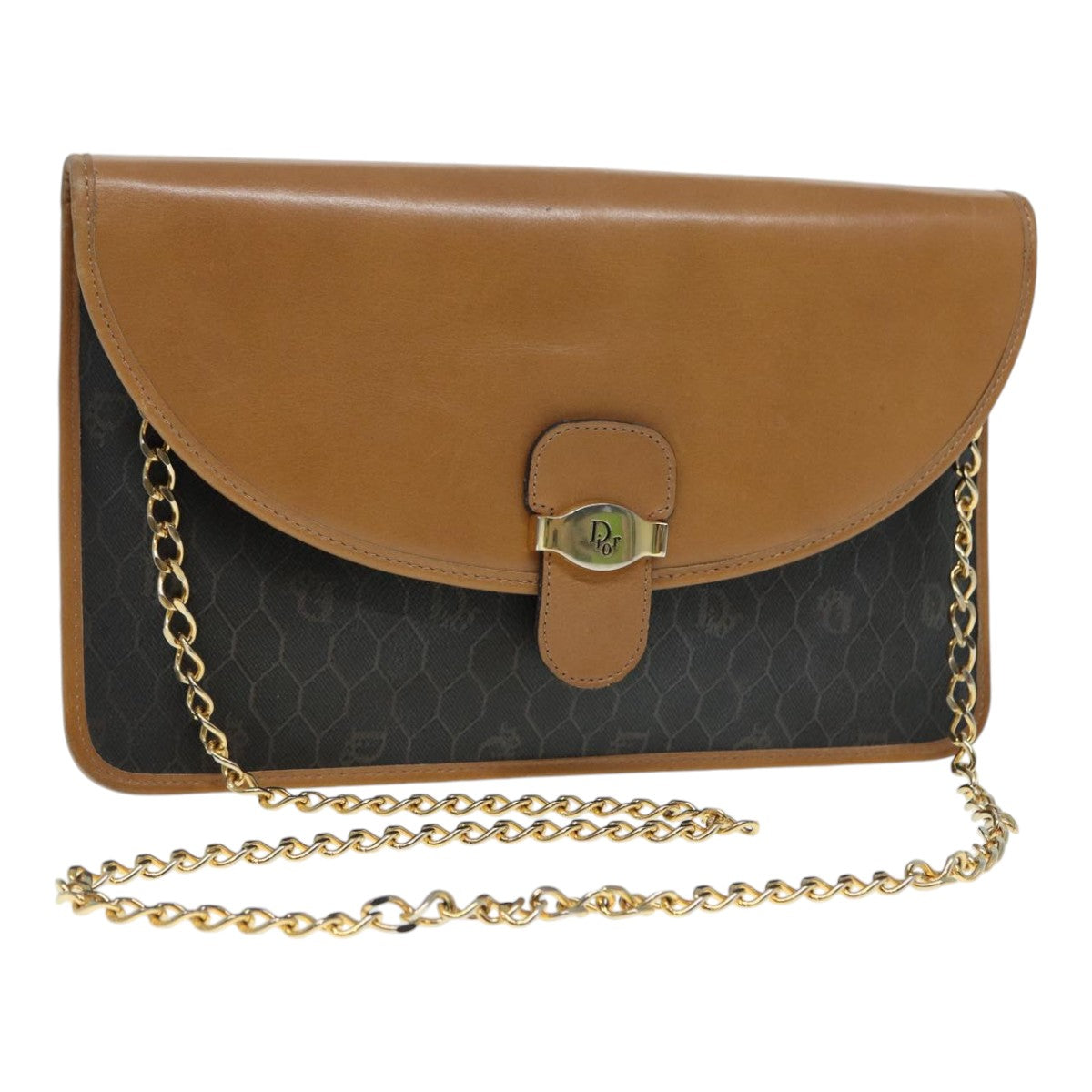 Christian Dior Chain Shoulder Bag PVC Leather Black Brown gold Auth ep5515