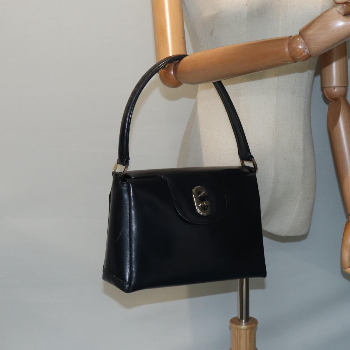 GUCCI Hand Bag Leather Navy Gold Auth ep5528