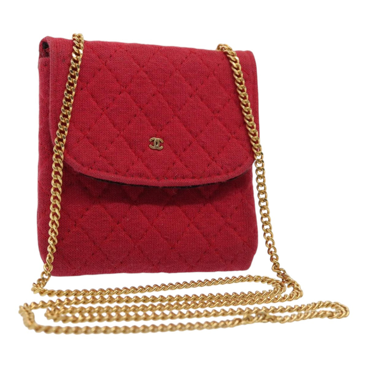 CHANEL Chain Quilted Shoulder Pouch Cotton Gold Red CC Auth ep5533
