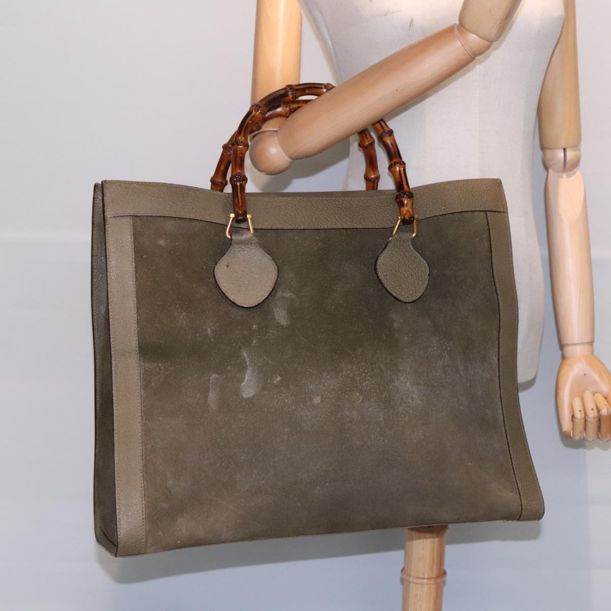 GUCCI Bamboo Hand Bag Suede Khaki Gold 002 1186 0259 Auth ep5568