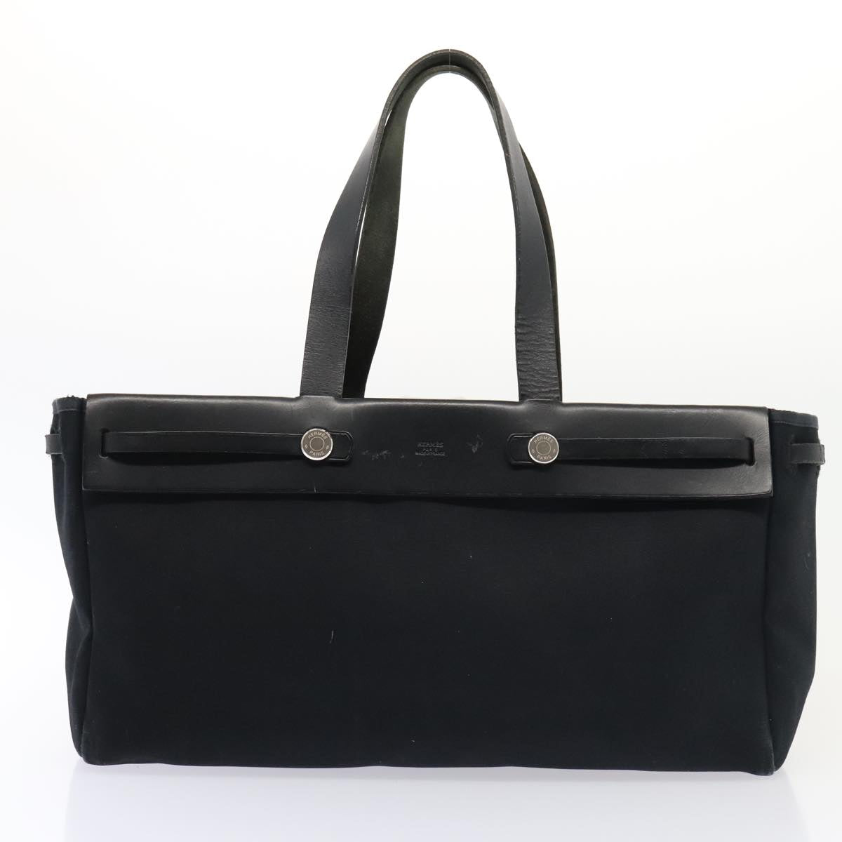 HERMES Herbag Cabas GM Tote Bag Canvas Leather Black Silver Auth ep5581