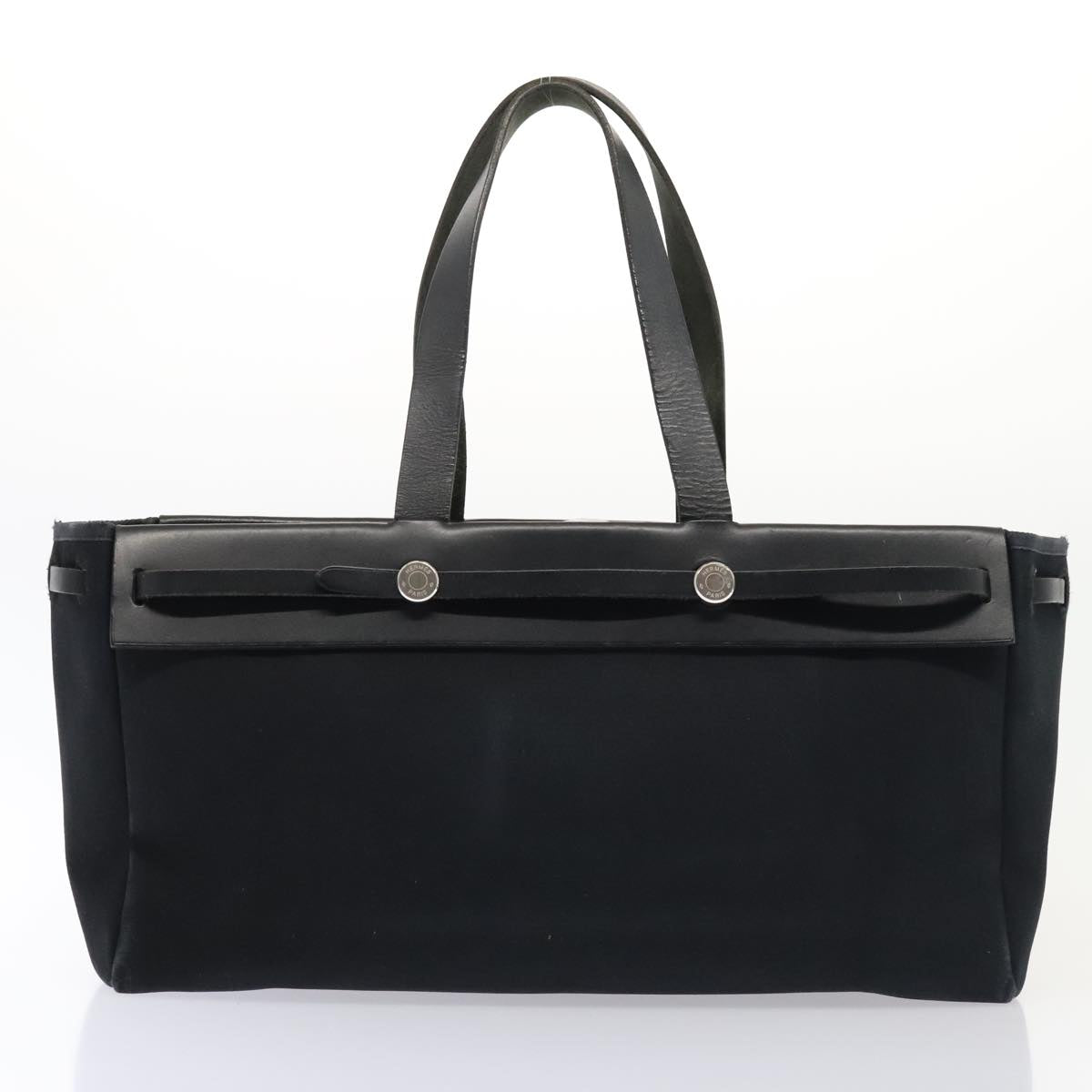 HERMES Herbag Cabas GM Tote Bag Canvas Leather Black Silver Auth ep5581