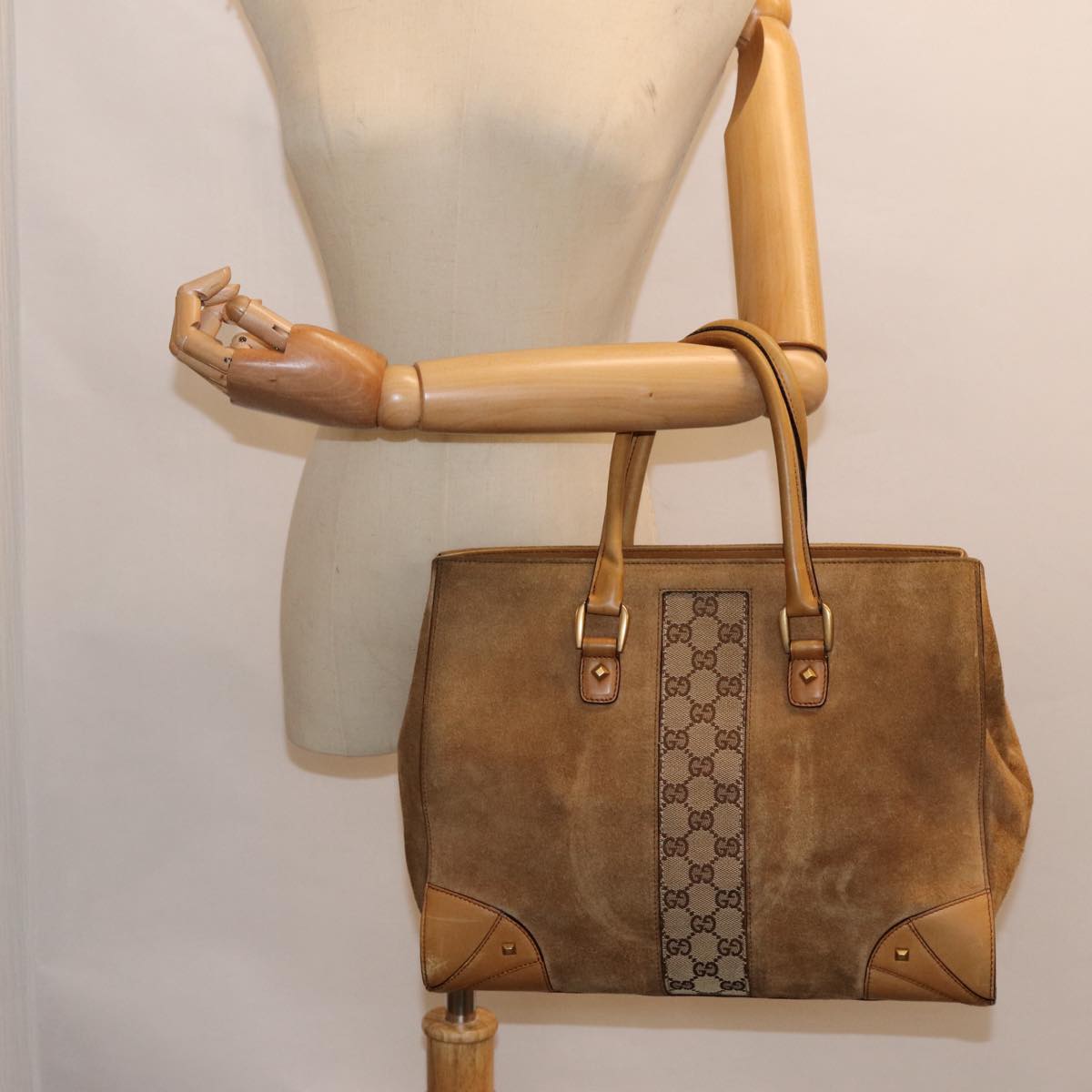 GUCCI GG Canvas Hand Bag Suede Canvas Beige 120897 Auth ep5591