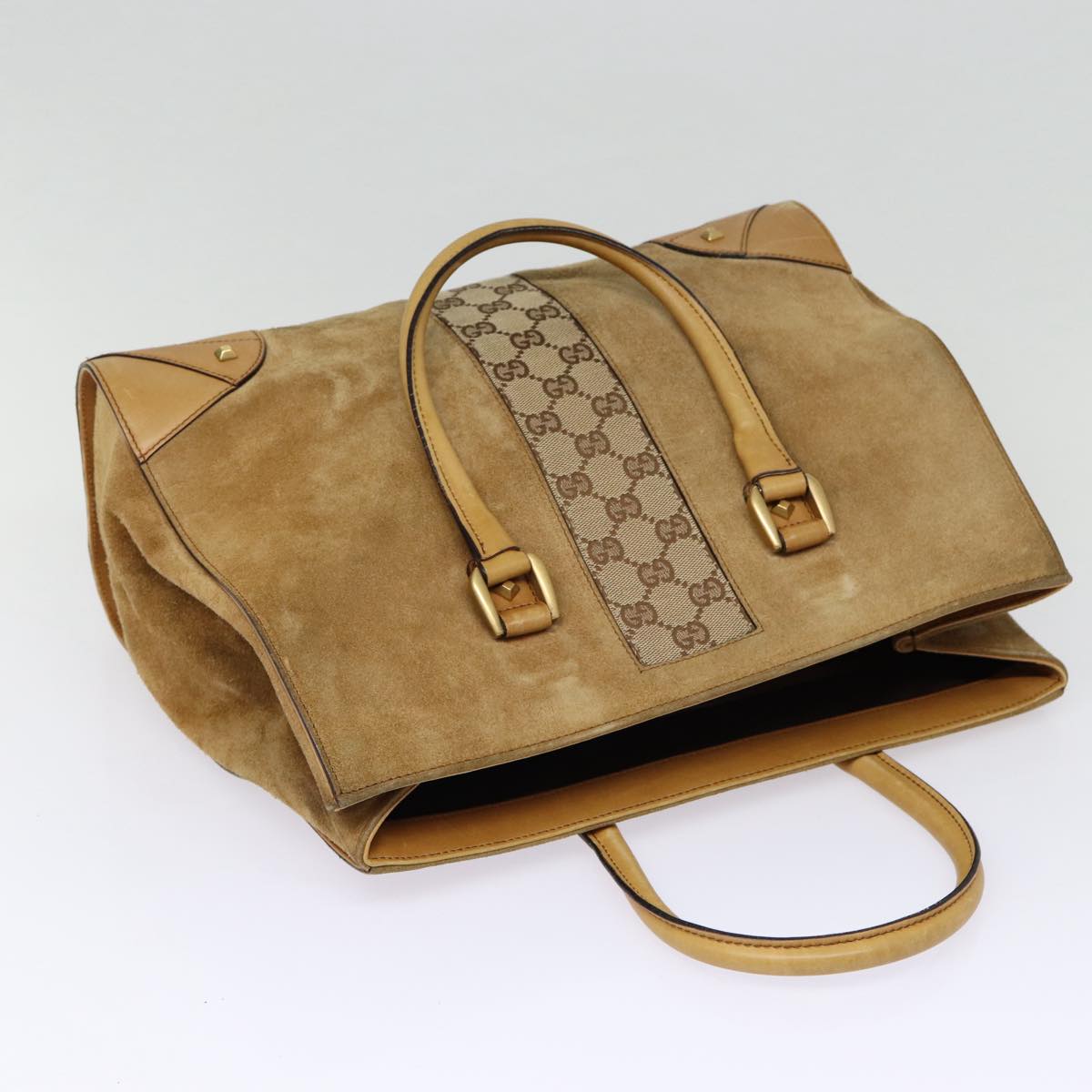 GUCCI GG Canvas Hand Bag Suede Canvas Beige 120897 Auth ep5591