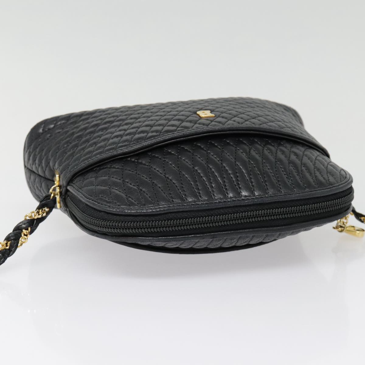 BALLY Chain Shoulder Bag Leather Black Gold Auth ep5603