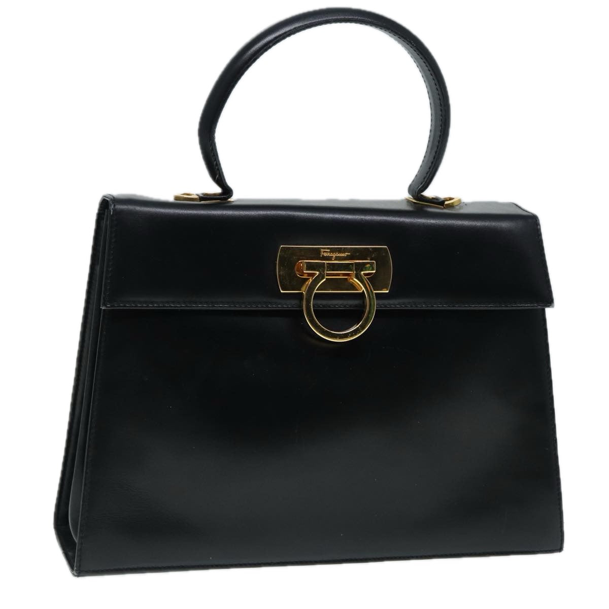 Salvatore Ferragamo Gancini Hand Bag Leather Black Gold Auth ep5613