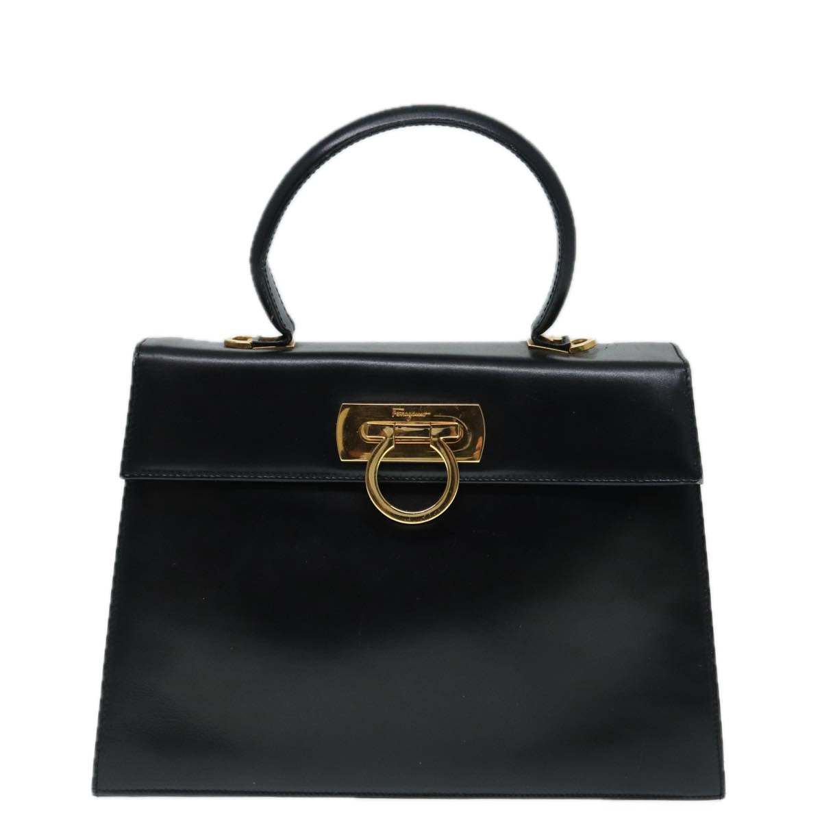 Salvatore Ferragamo Gancini Hand Bag Leather Black Gold Auth ep5613