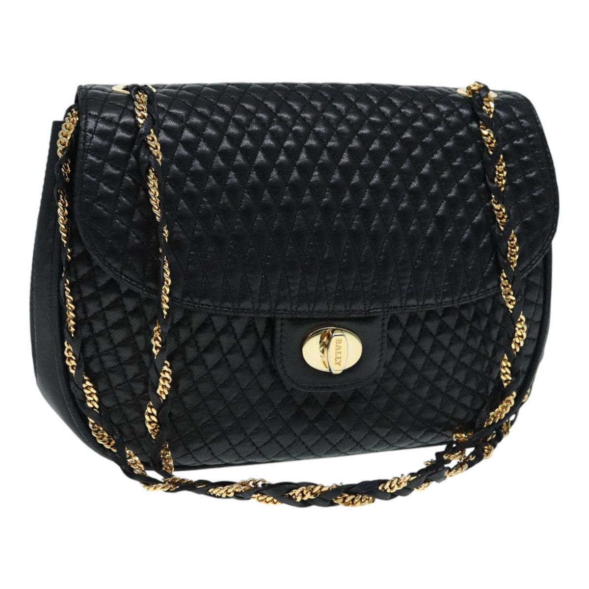 BALLY Chain Shoulder Bag Leather Black Gold Auth ep5615