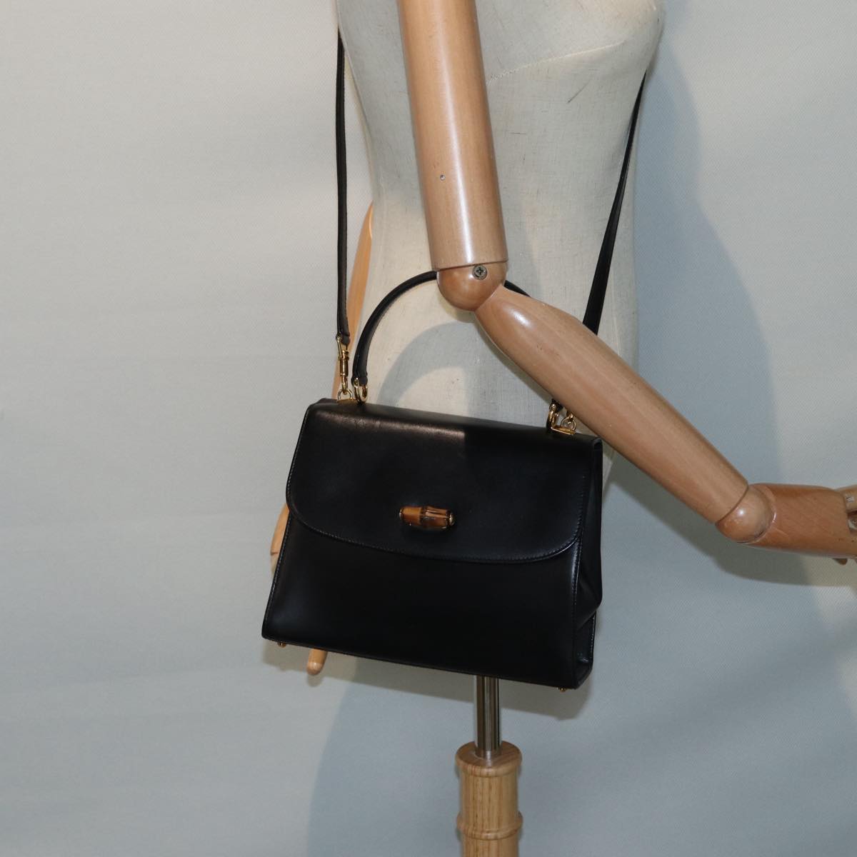 GUCCI Hand Bag Leather 2way Gold Black 000 406 0238 Auth ep5648