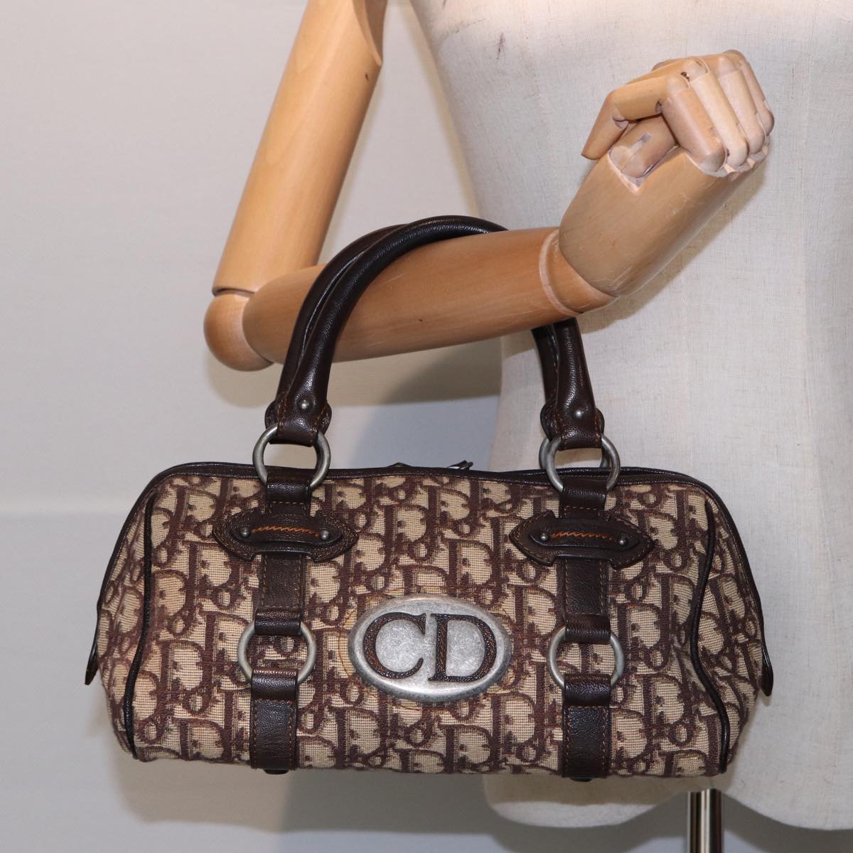 Christian Dior Trotter Canvas Hand Bag Brown Silver Auth ep5661