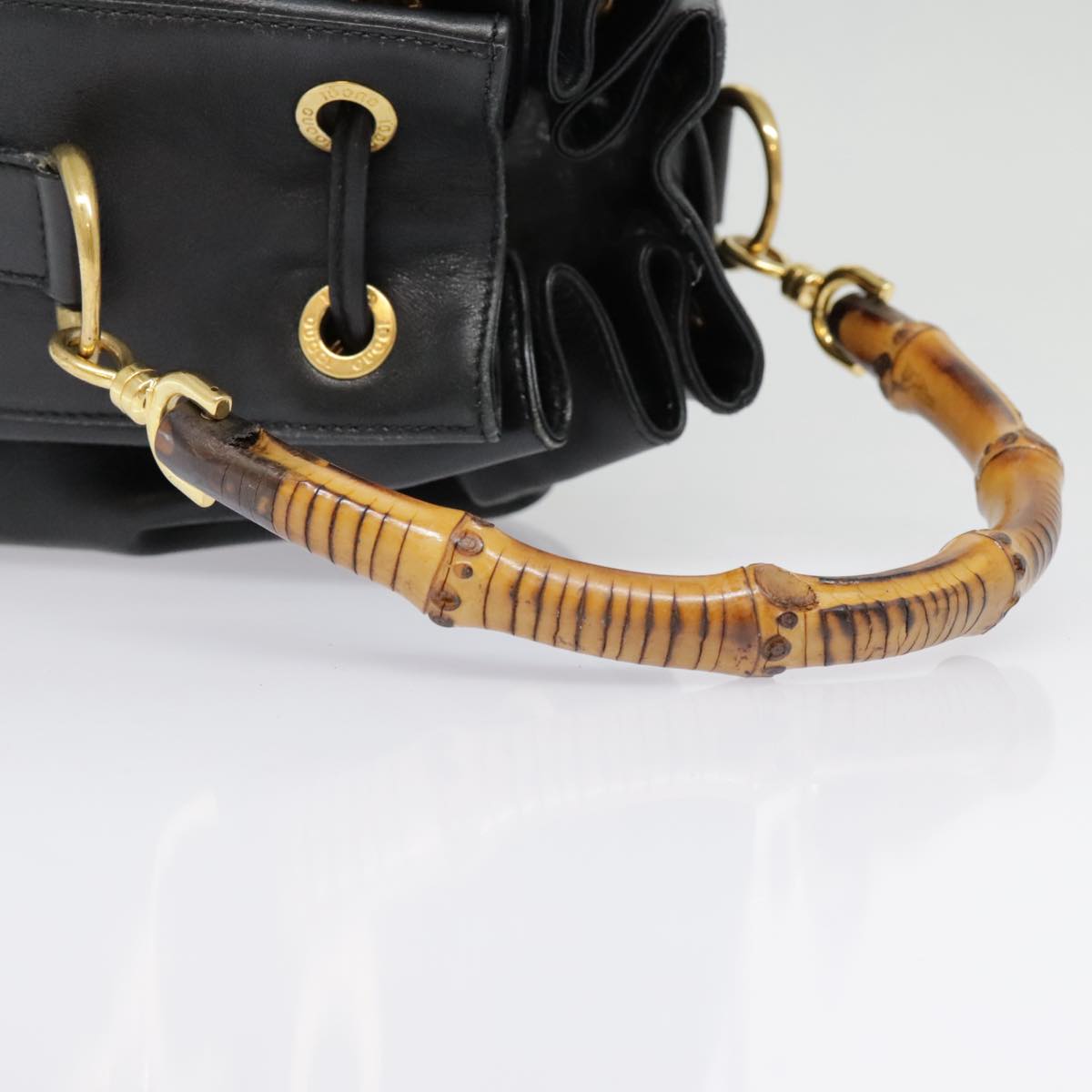 GUCCI Bamboo Hand Bag Leather Black Gold 001 2040 1657 Auth ep5663