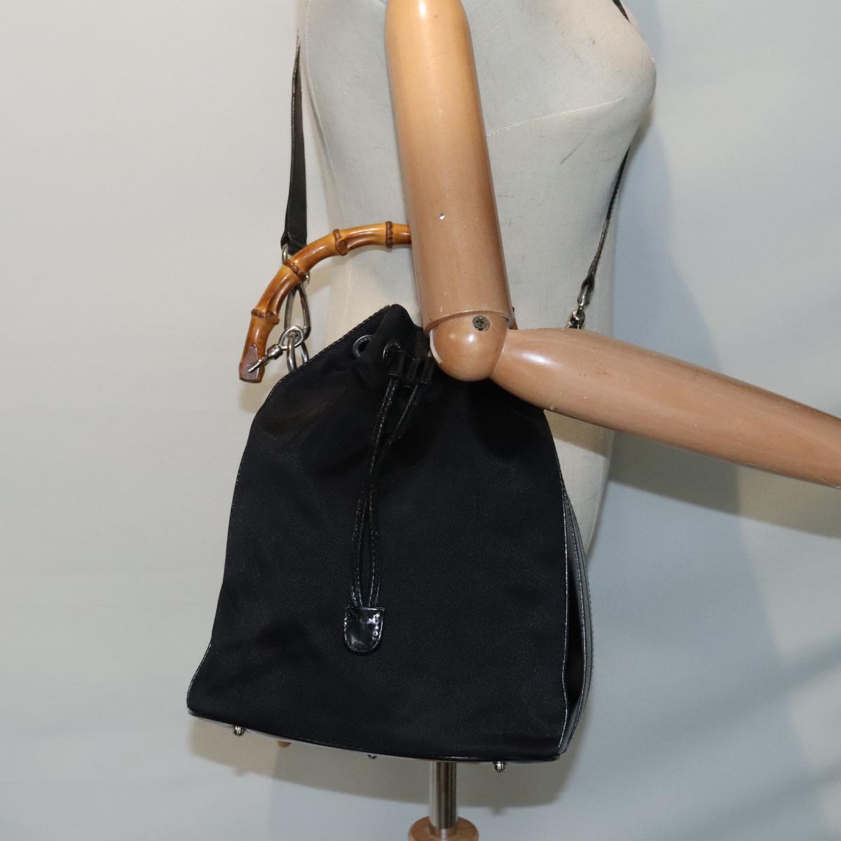 GUCCI Bamboo Hand Bag Nylon 2way Black Silver 001 3754 1657 Auth ep5681