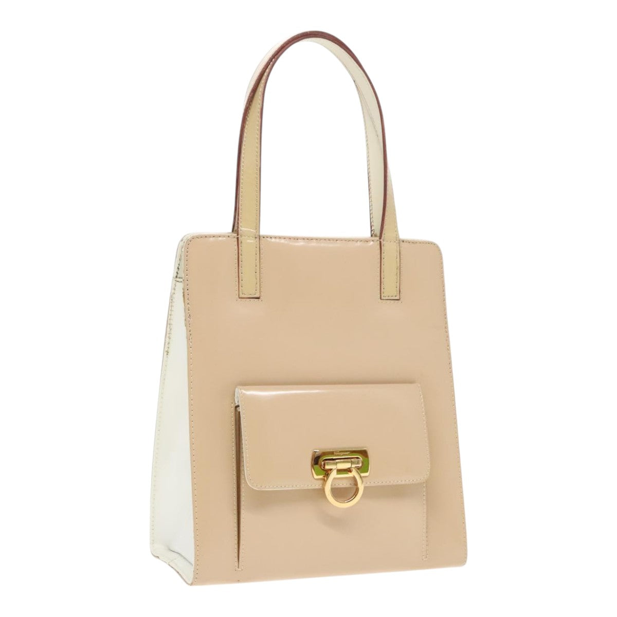 Salvatore Ferragamo Gancini Hand Bag Patent leather Beige Gold Auth ep5719