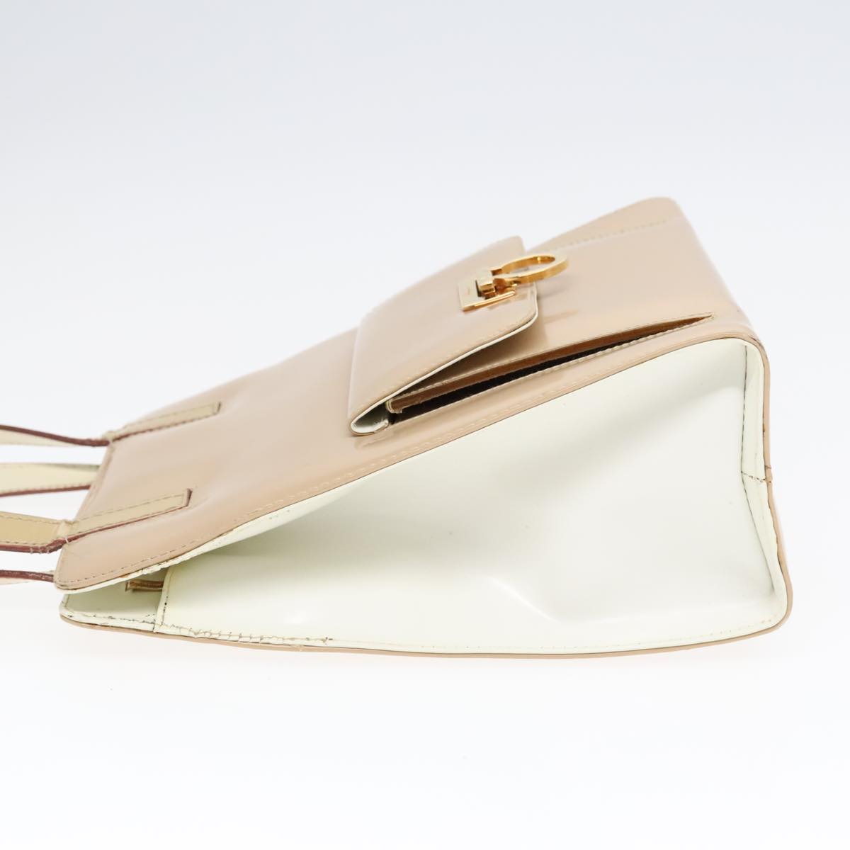 Salvatore Ferragamo Gancini Hand Bag Patent leather Beige Gold Auth ep5719