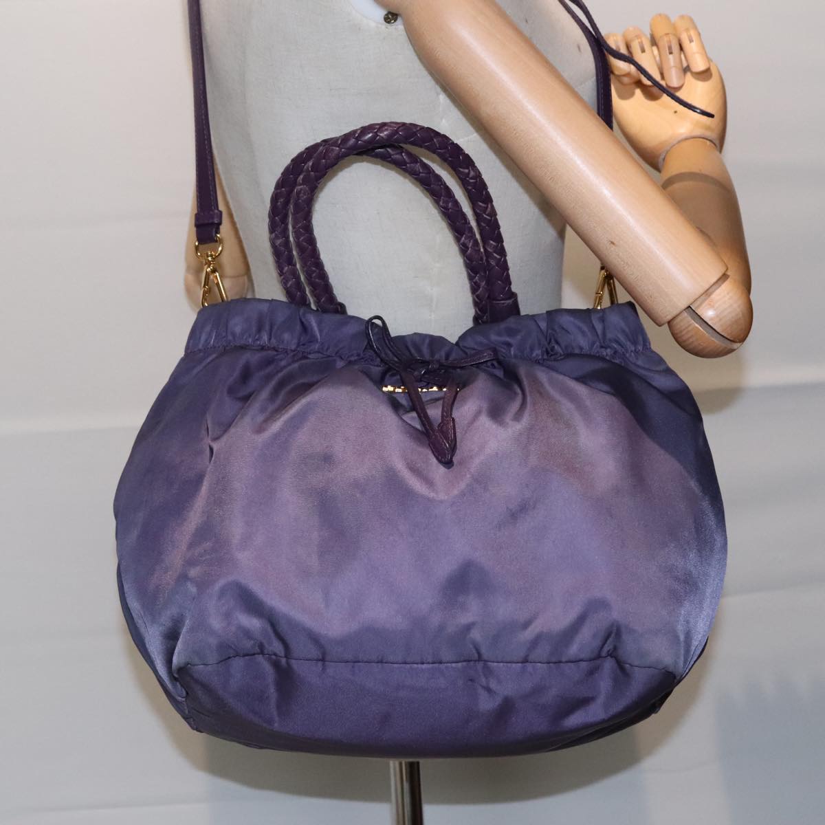 PRADA Hand Bag Nylon Leather 2way Purple Gold Auth ep5737