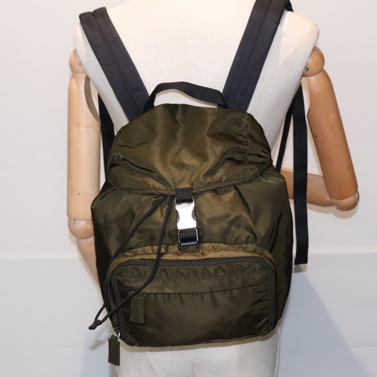 PRADA Backpack Nylon Khaki Silver Auth ep5764