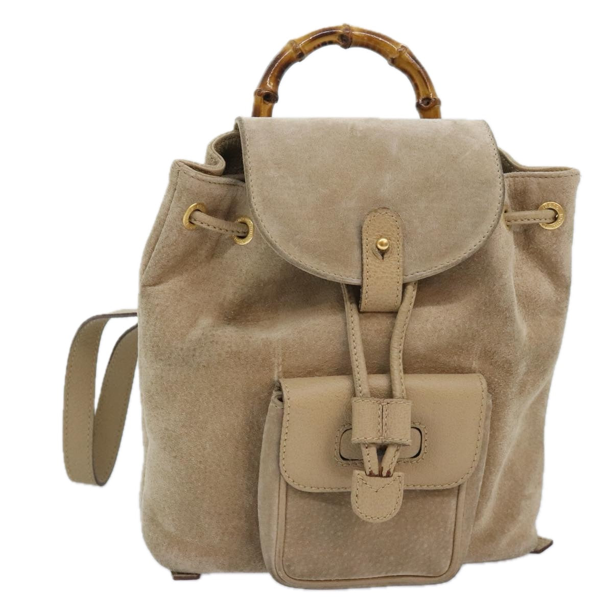 GUCCI Bamboo Backpack Suede Beige Gold 003 1998 0030 Auth ep5776