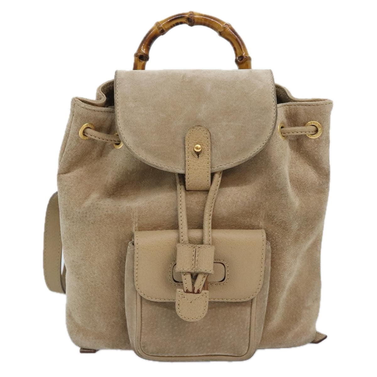 GUCCI Bamboo Backpack Suede Beige Gold 003 1998 0030 Auth ep5776