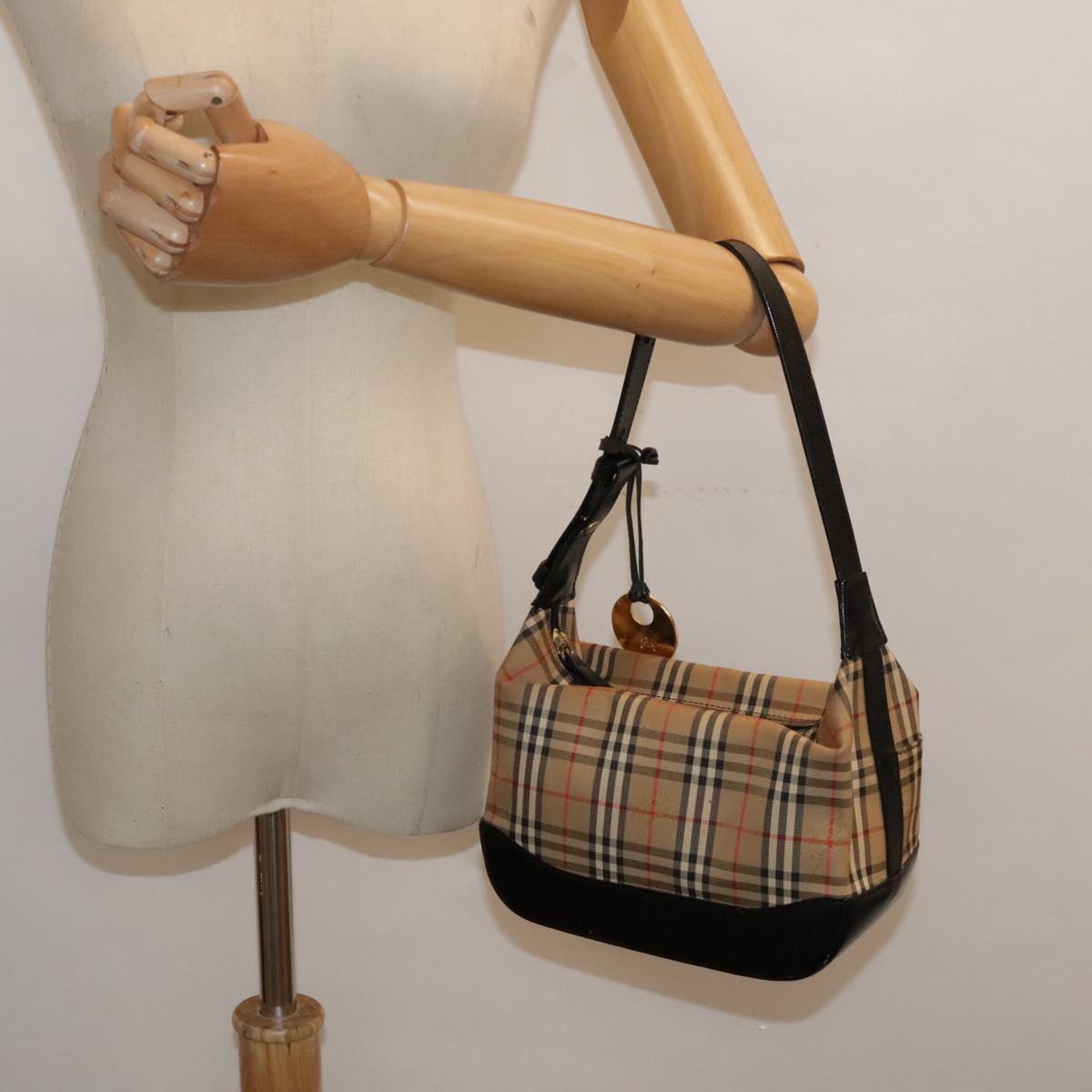 BURBERRY Nova Check Hand Bag Canvas Beige Gold Auth ep5781