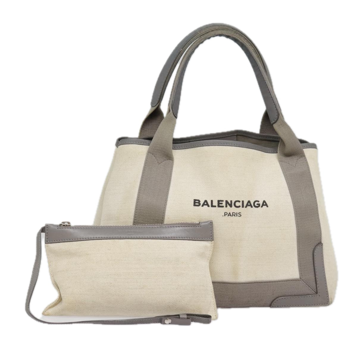 BALENCIAGA Navy Cabas S Hand Bag Canvas Leather White Beige 339933 Auth ep5793