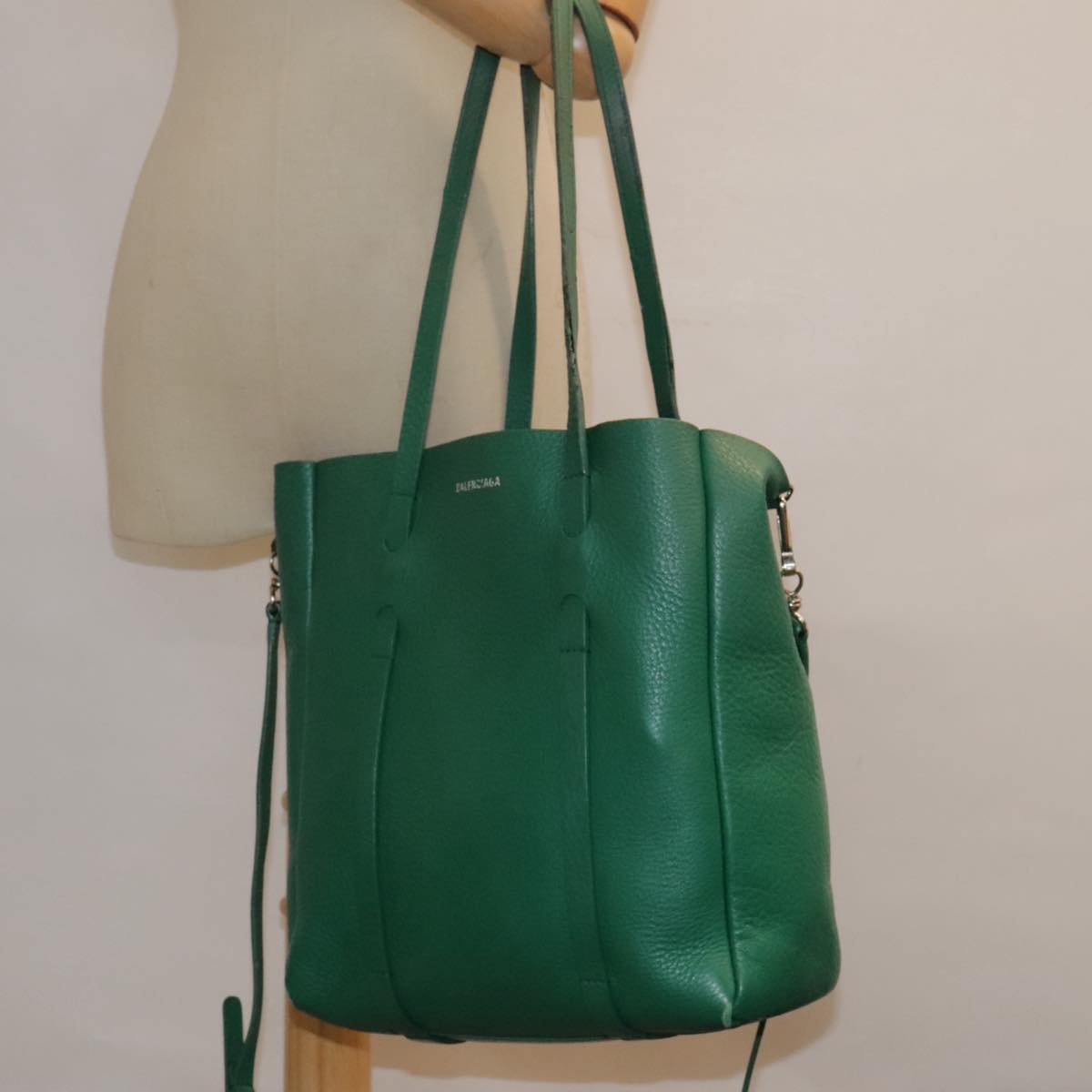 BALENCIAGA Tote Bag Leather 2way Green Silver Auth ep5837