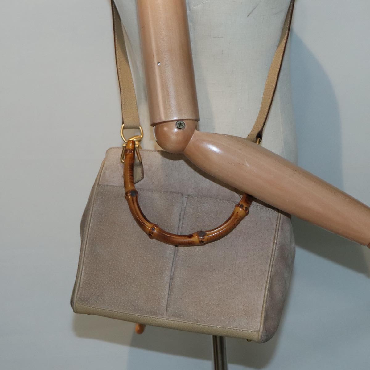 GUCCI Bamboo Hand Bag Suede 2way Beige Gold 000 122 0316 Auth ep5848