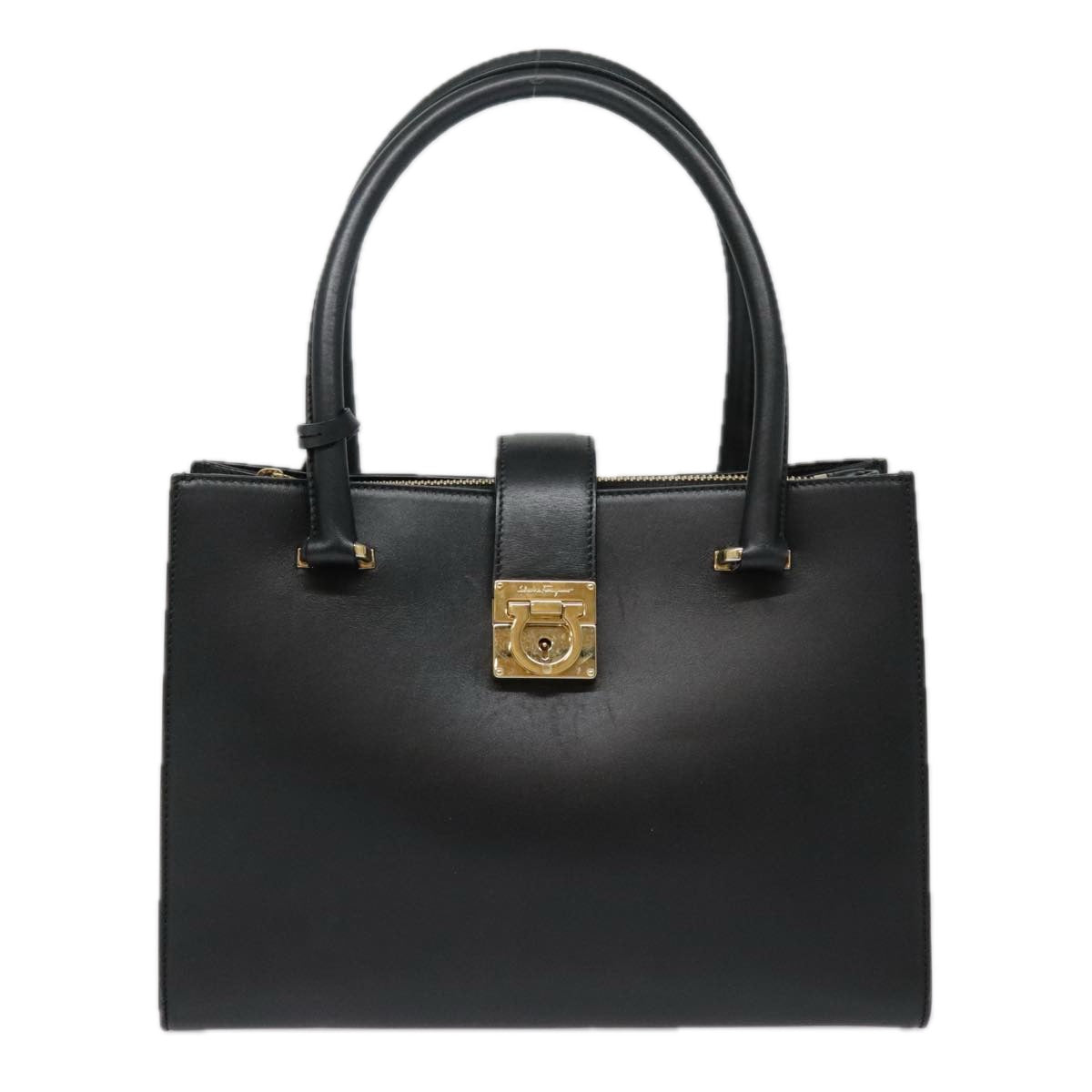 Salvatore Ferragamo Gancini Hand Bag Leather Black Gold Auth ep5918