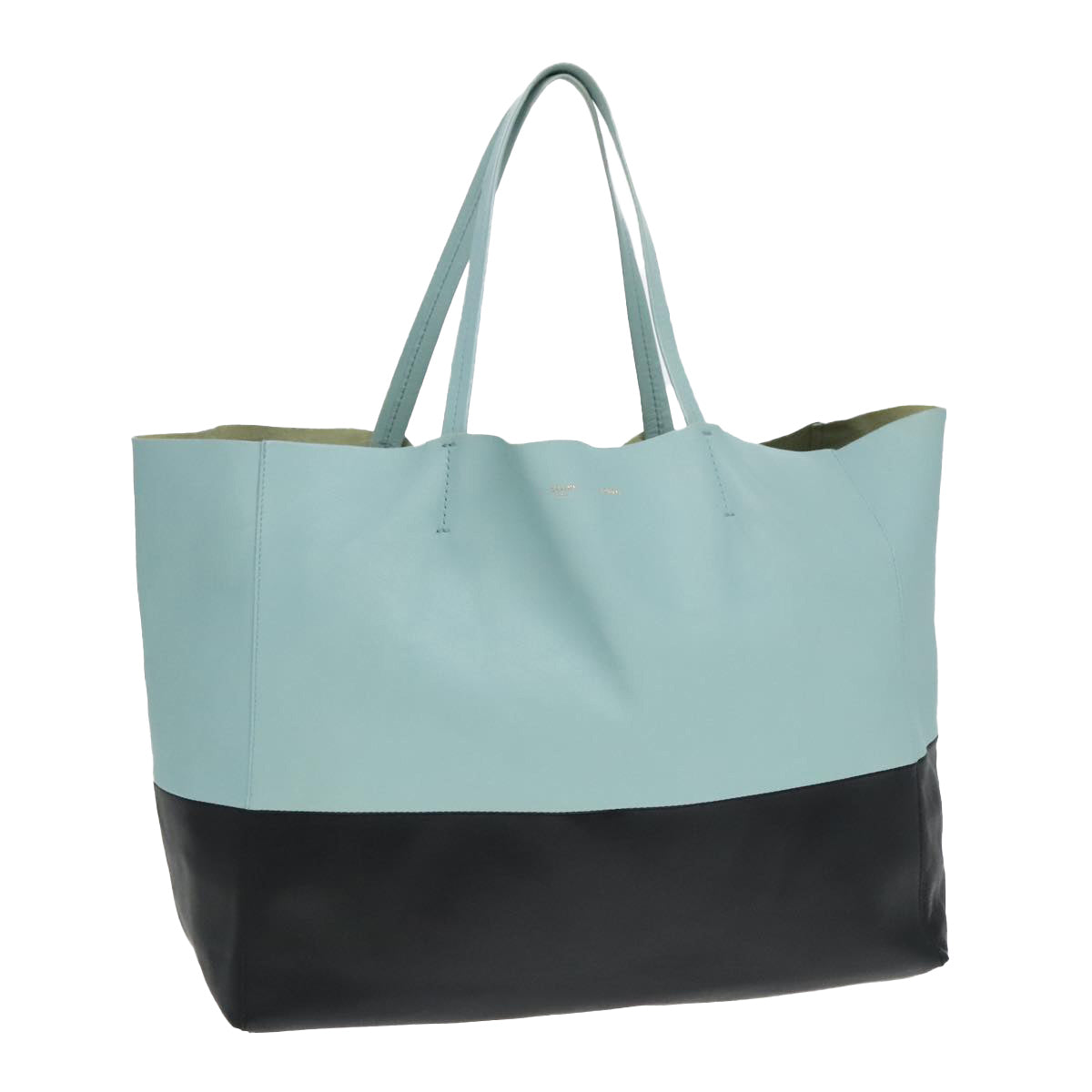 CELINE Cava Horizontal Tote Bag Leather Baby Blue Black Gold Auth ep5974