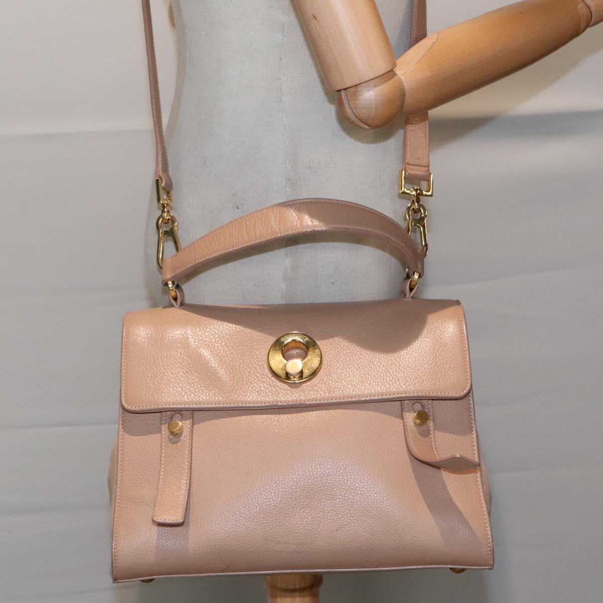 SAINT LAURENT Hand Bag Leather 2way Beige Auth ep5999