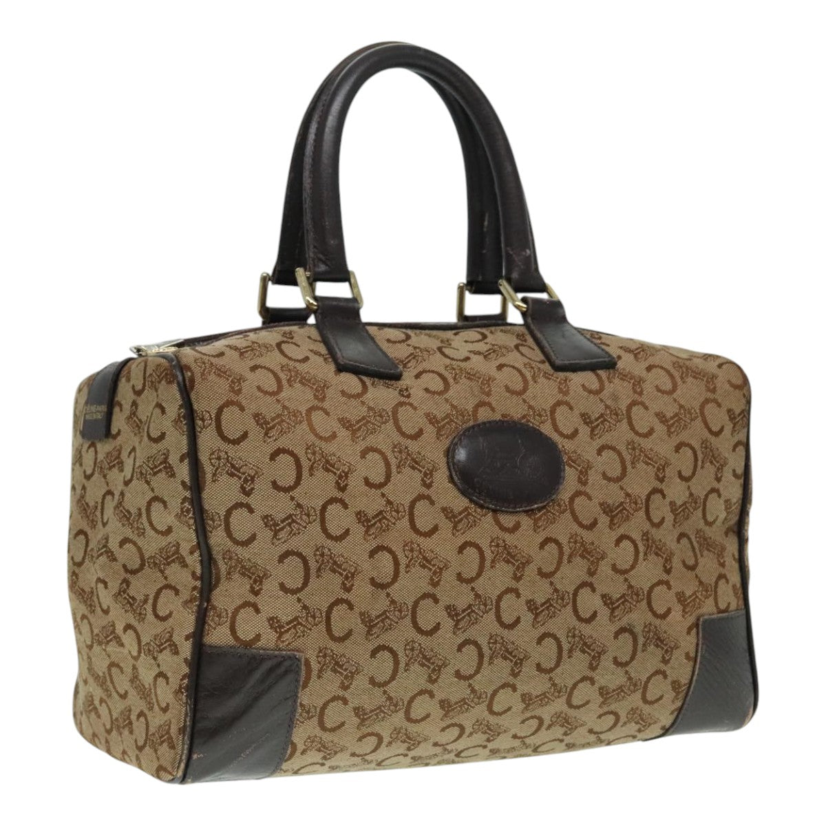 CELINE C Macadam Canvas Boston Bag Brown Gold Auth ep6001