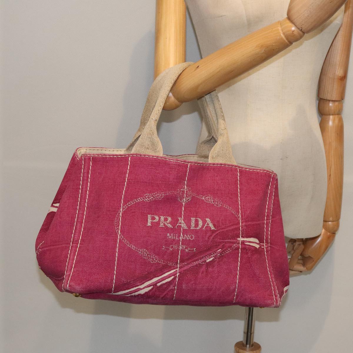 PRADA Canapa MM Hand Bag Canvas Pink Gold Auth ep6020