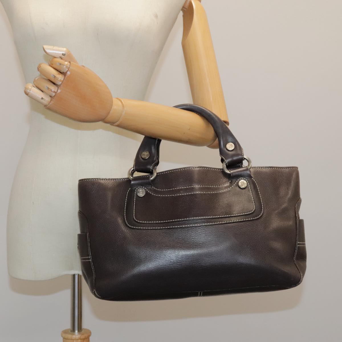 CELINE Hand Bag Leather Brown Silver Auth ep6029