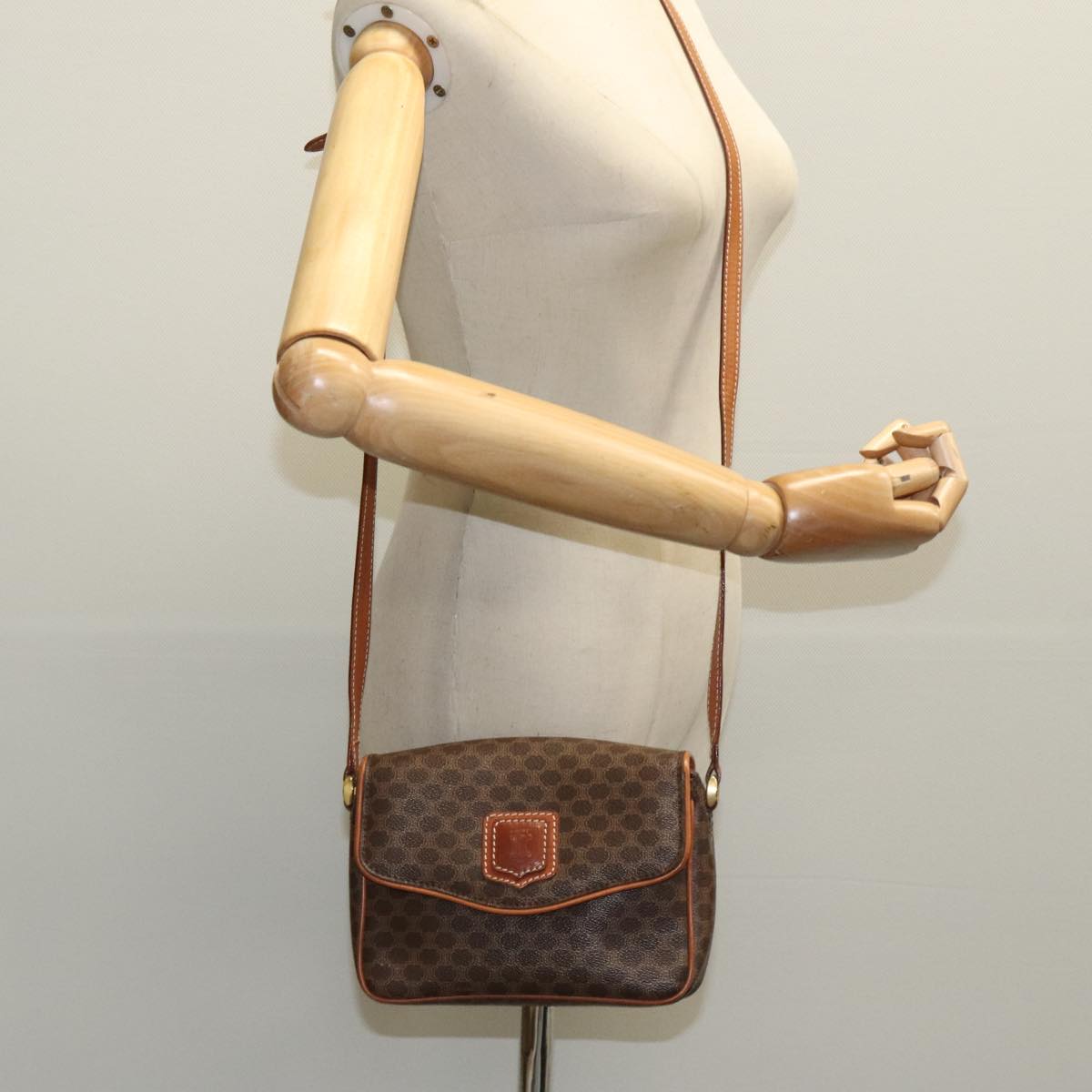 CELINE Macadam Canvas Shoulder Bag PVC Leather Brown Gold Auth ep6084