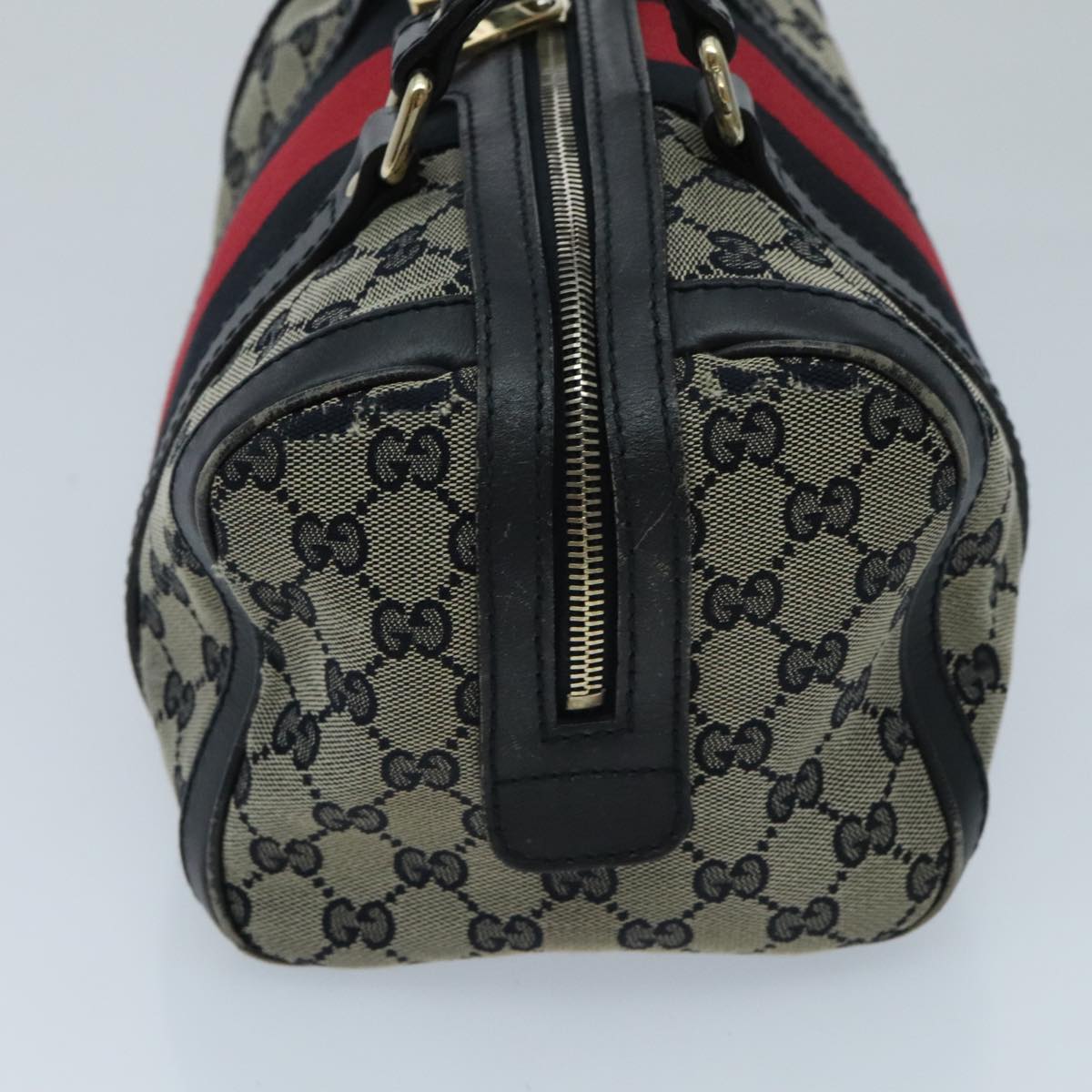 GUCCI GG Canvas Boston Bag 2way Beige Navy Silver 269876 Auth ep6128