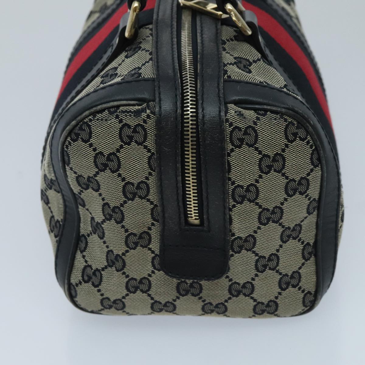 GUCCI GG Canvas Boston Bag 2way Beige Navy Silver 269876 Auth ep6128