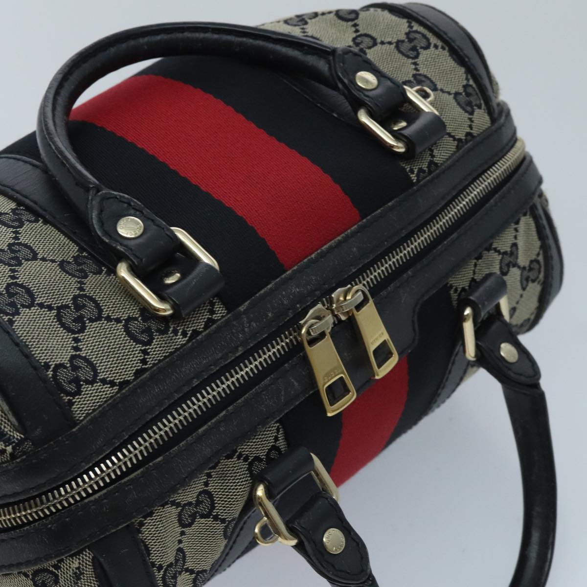 GUCCI GG Canvas Boston Bag 2way Beige Navy Silver 269876 Auth ep6128