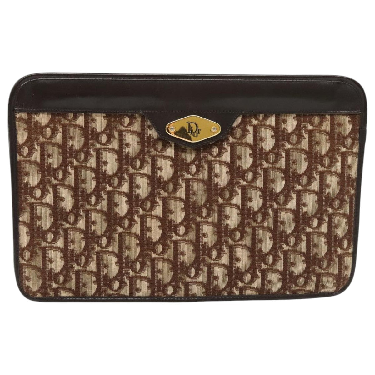 Christian Dior Trotter Canvas Clutch Bag Brown Gold Auth ep6145