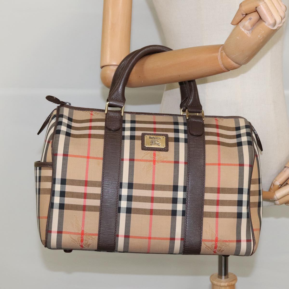 Burberrys Nova Check Boston Bag Canvas Beige Brown Gold Auth ep6192