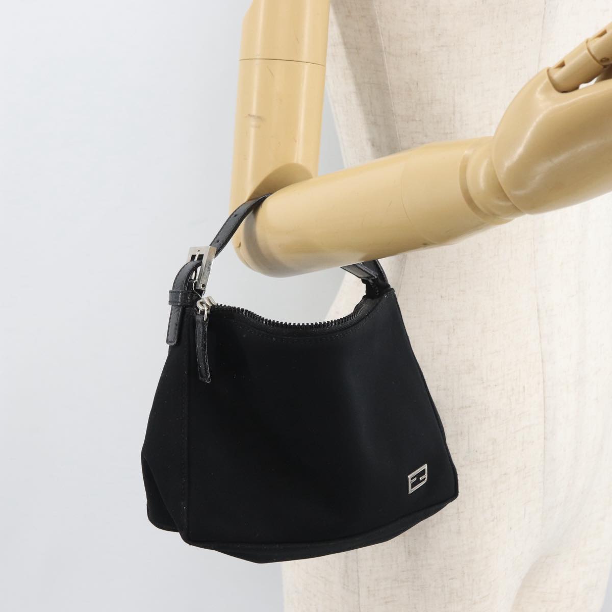 FENDI Hand Bag Nylon Black Silver Auth ep6217