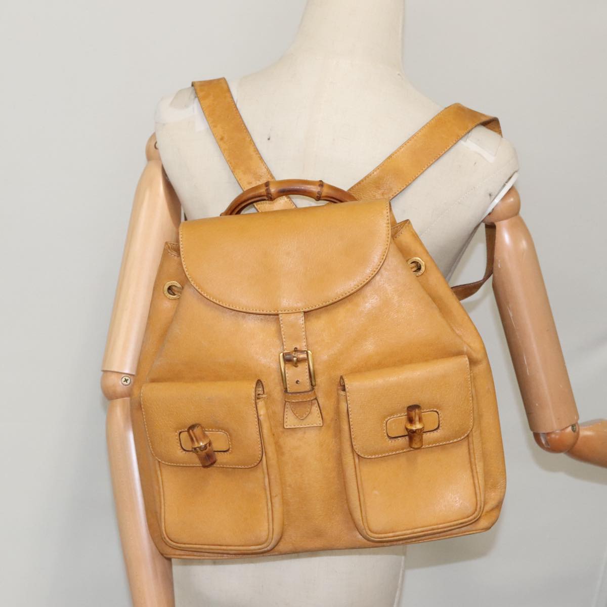 GUCCI Bamboo Backpack Leather Beige 003 2053 0016 Auth ep6238