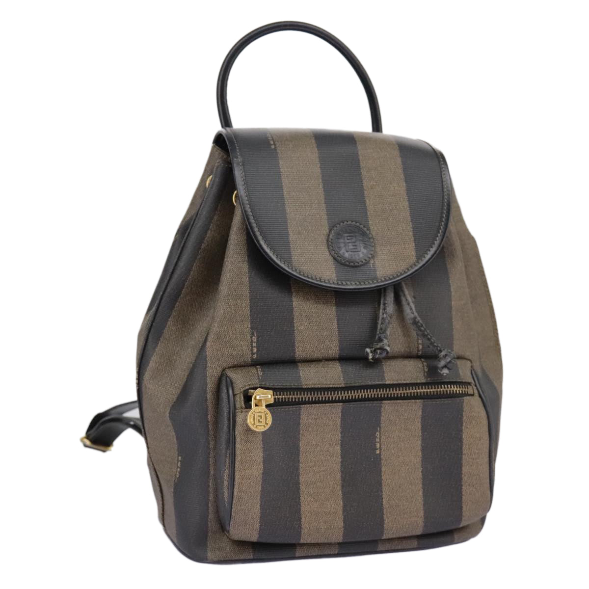 FENDI Pecan Canvas Backpack Brown Black gold Auth ep6248