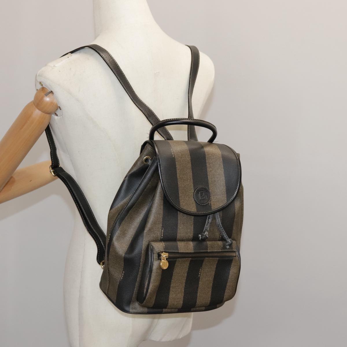 FENDI Pecan Canvas Backpack Brown Black gold Auth ep6248