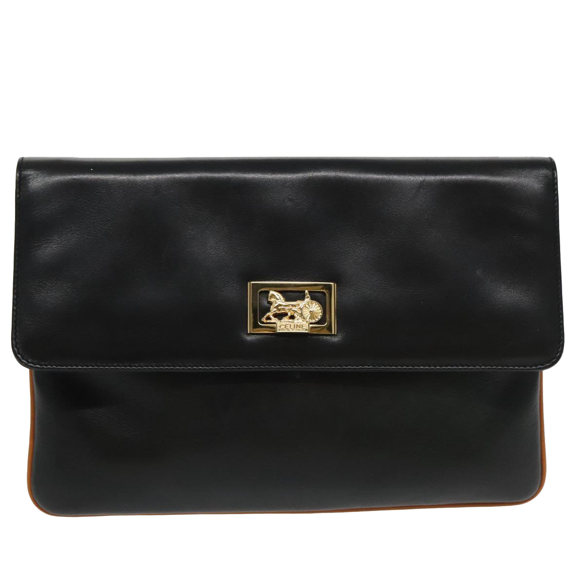 CELINE Horse Carriage Clutch Bag Leather Black Gold Auth ep6260