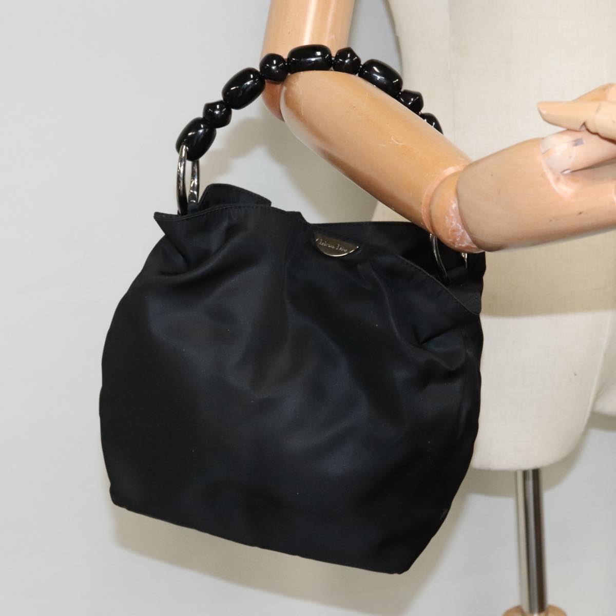 Christian Dior Maris Pearl Hand Bag Nylon Black Silver Auth ep6405