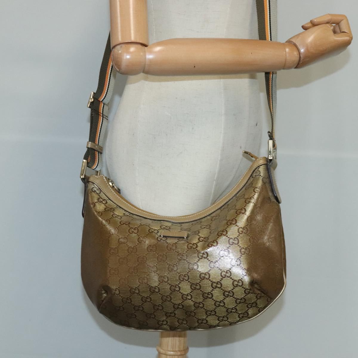 GUCCI GG Crystal Sherry Line Bag Coated Canvas Gold Tone 181092 Auth ep6508