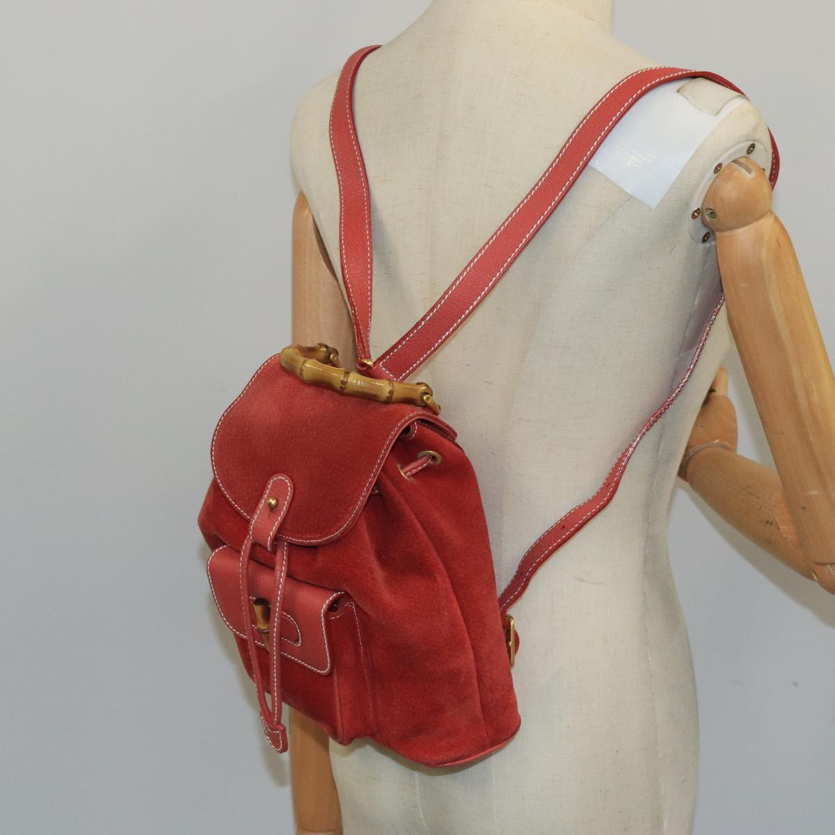 GUCCI Bamboo Backpack Suede Red Gold 003 2058 0030 Auth ep6551