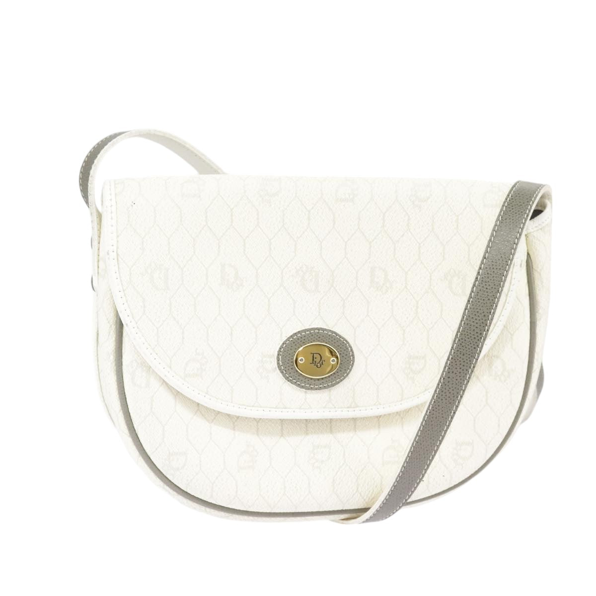 Christian Dior Honeycomb Canvas Shoulder Bag PVC Leather White Gold Auth ep6561