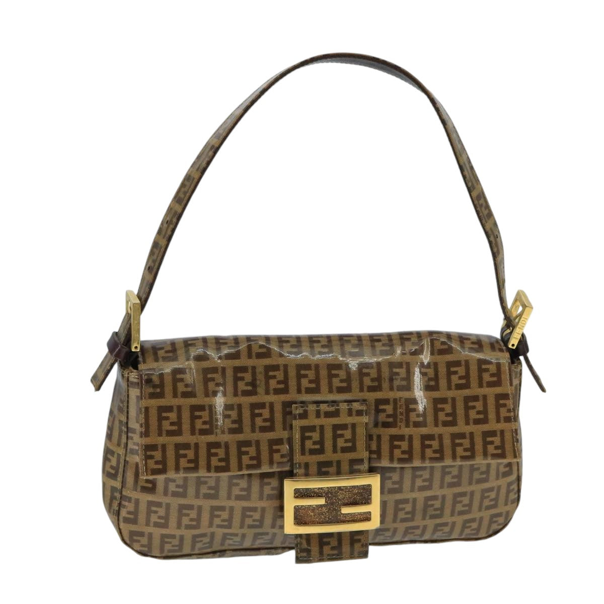 FENDI Zucchino Canvas Mamma Baguette Shoulder Bag Enamel Brown Gold Auth ep6615