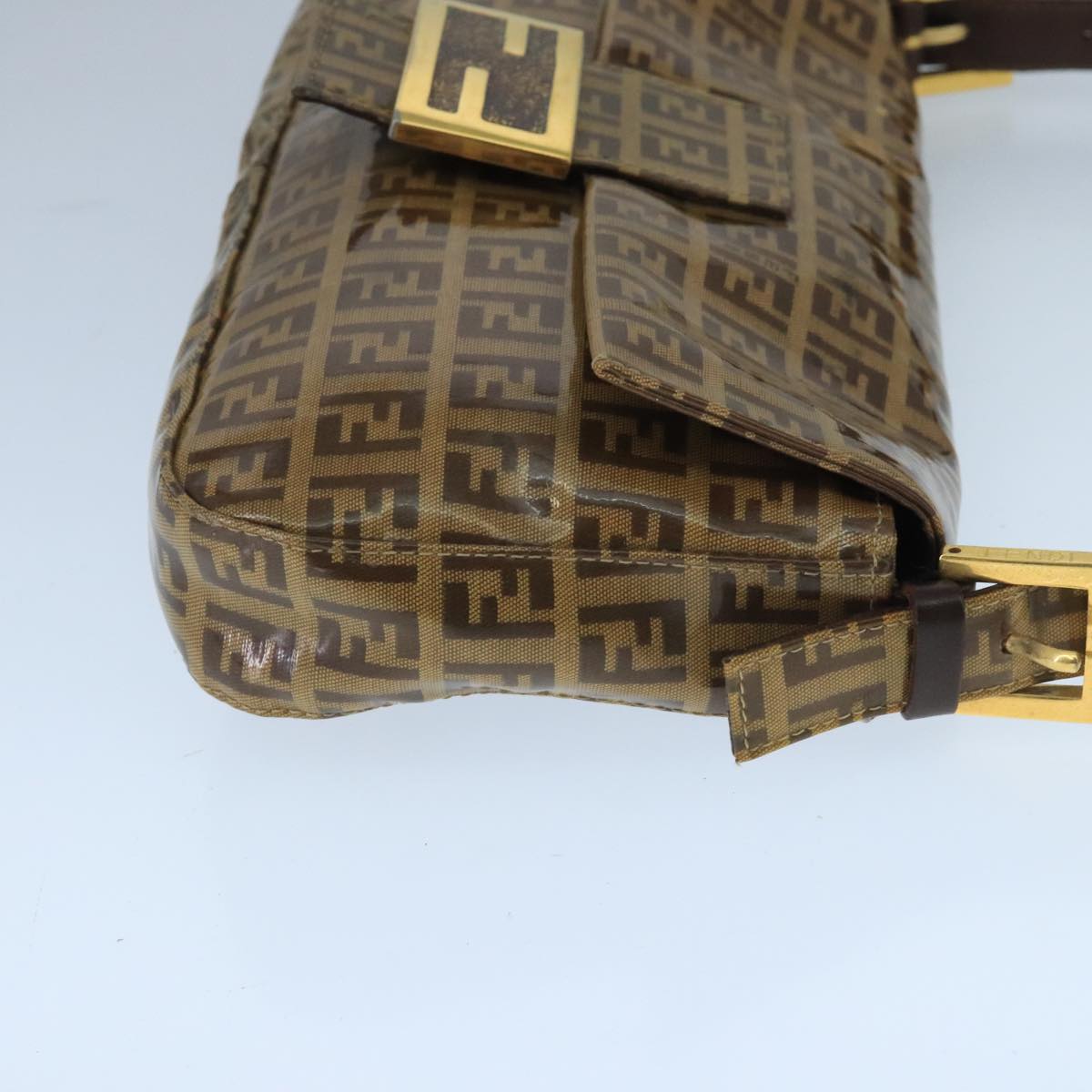 FENDI Zucchino Canvas Mamma Baguette Shoulder Bag Enamel Brown Gold Auth ep6615