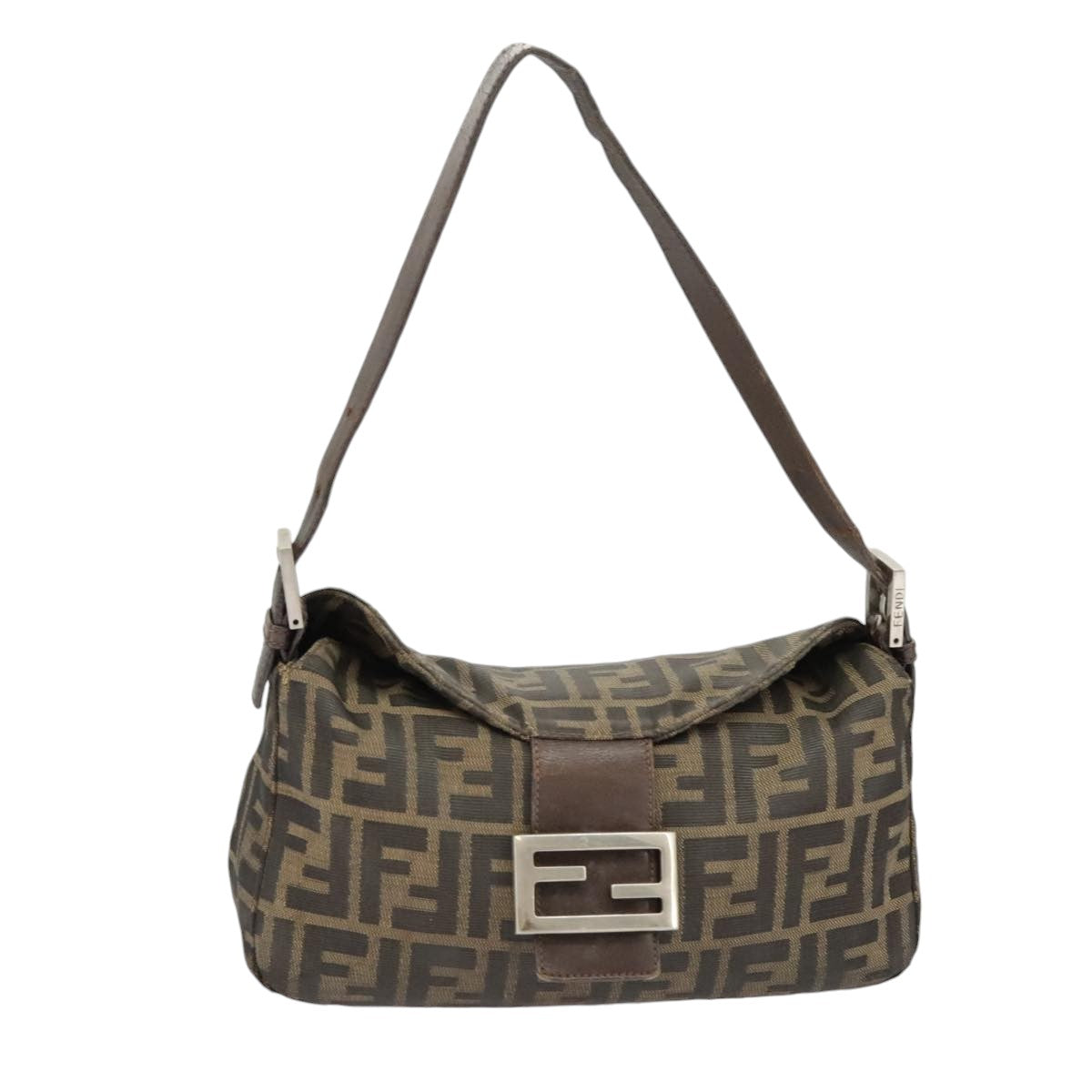 FENDI Zucca Canvas Mamma Baguette Shoulder Bag Brown Black Silver Auth ep6627